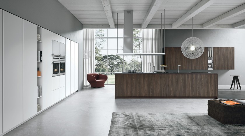 AK_02 Su esencialidad y limpieza formal  es lo que caracteriza a esta cocina. Sistema con  una amplia modularidad, disponible con tirador o con gola; incluye ocho acabados, cinco  son madera y tres son laminado mate.